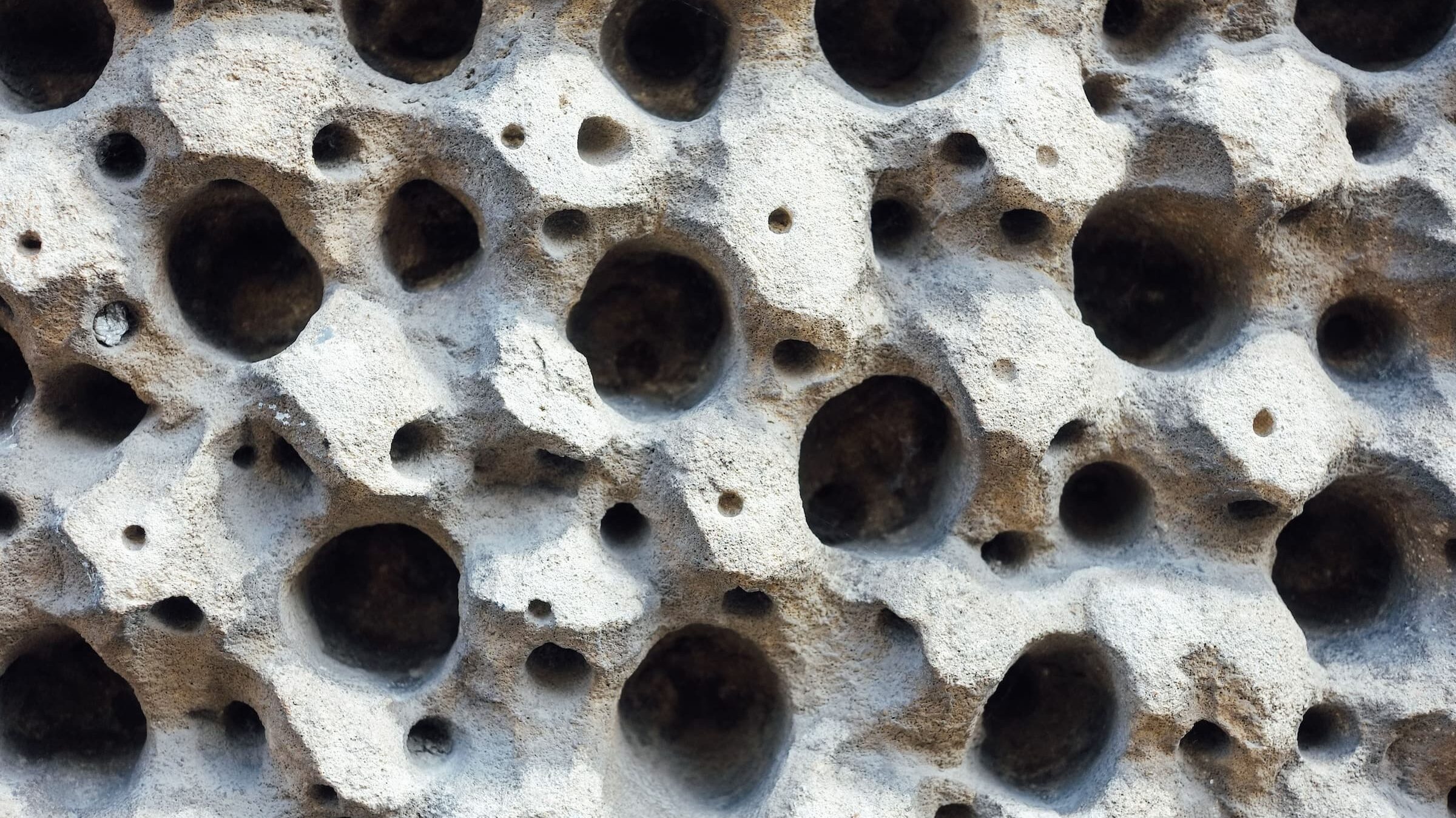 Close-up of a rock face full of holes